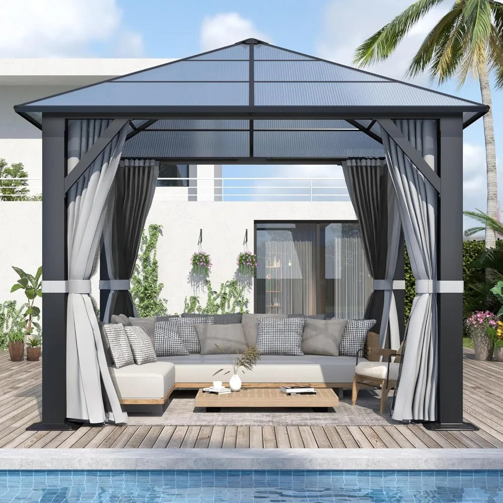 Hardtop Gazebo, Outdoor Gazebo with Translucent Roof, Polycarbonate Top Metal Frame Garden Tent with Breathable Mesh