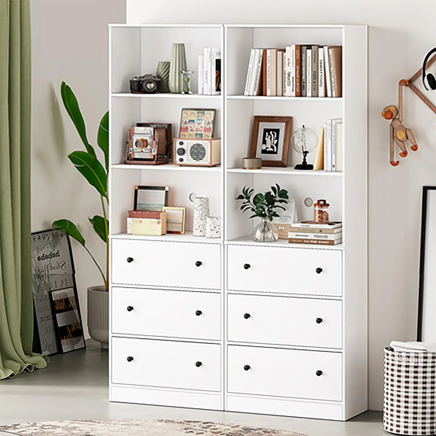 71" Tall Bookshelves Set of 2,White Bookshelf with 3 Drawers and 3-Tier Open Shelves,Home Decor Furniture for Living Room