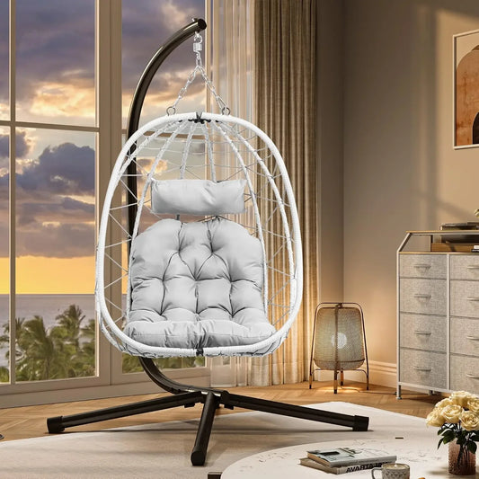 Hanging Egg Chair with Stand Swing Chair Wicker Indoor Outdoor Hammock Egg Chair with Cushions 330lbs for Patio, Bedroom