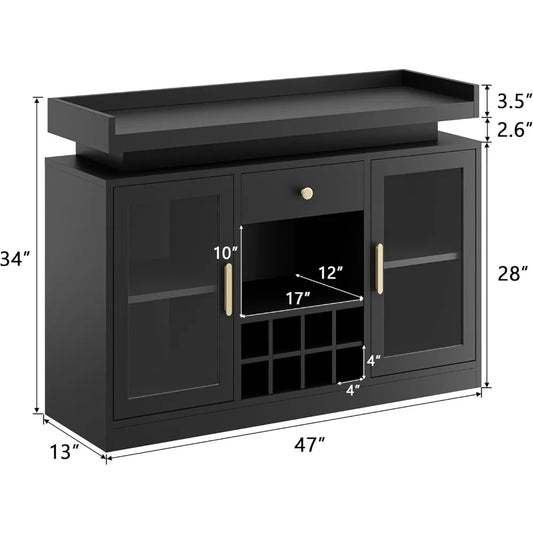 Wine Bar Cabinet with LED Light, Home Coffee Cabinet with Wine and Glass Rack, Storage Shelves, 1 Drawer, Modern Freestanding Li