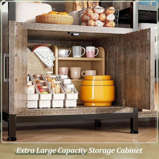 Bakers Rack for Kitchen with Storage, 6 Tier Coffee Bar with Storage Cabinet, Microwave Stand with Large Capacity and Side Hooks