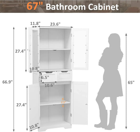 67" Tall Bathroom Storage Cabinet, Freestanding Linen Cabinet with Glass Doors and Shelves, Large Bathroom Pantry Cabinet with 2
