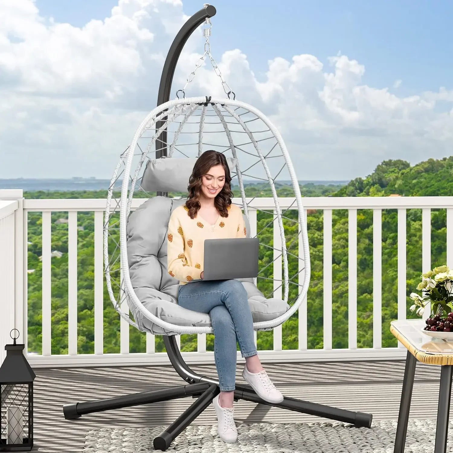 Hanging Egg Chair with Stand Swing Chair Wicker Indoor Outdoor Hammock Egg Chair with Cushions 330lbs for Patio, Bedroom