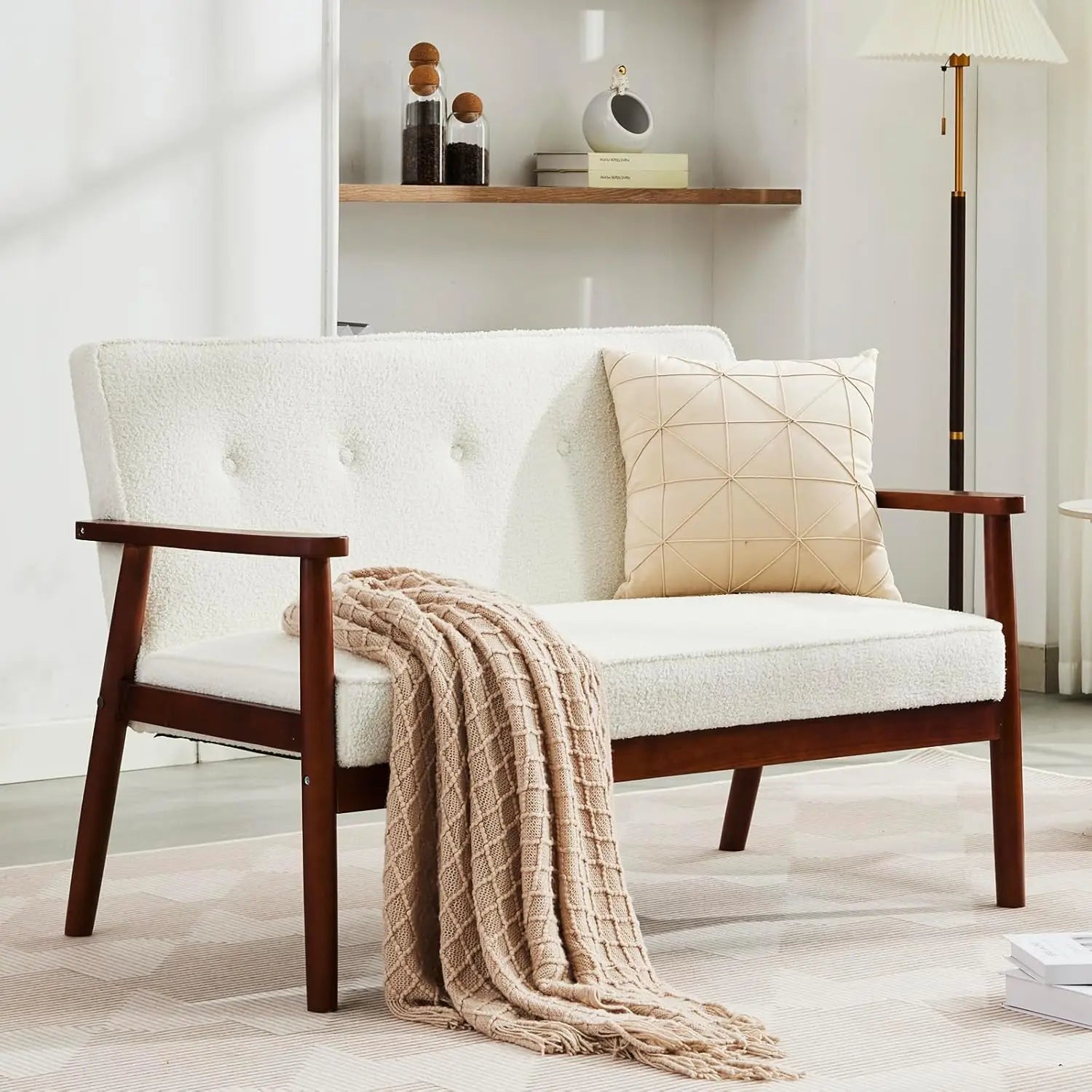 Jiasting Mid Century Modern 2 Seat Sofa Couch With Wood Arms, Small Love Seat Sofa Couches