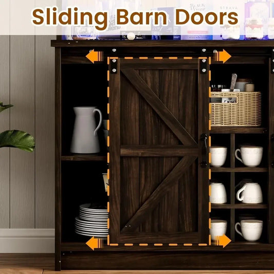 Bar Cabinet, 47” Buffet Sideboard with 4 Glass Hooks & 9 Wine Racks, Coffee Bar Cabinet with Sliding Barn Door Bar Cabinet