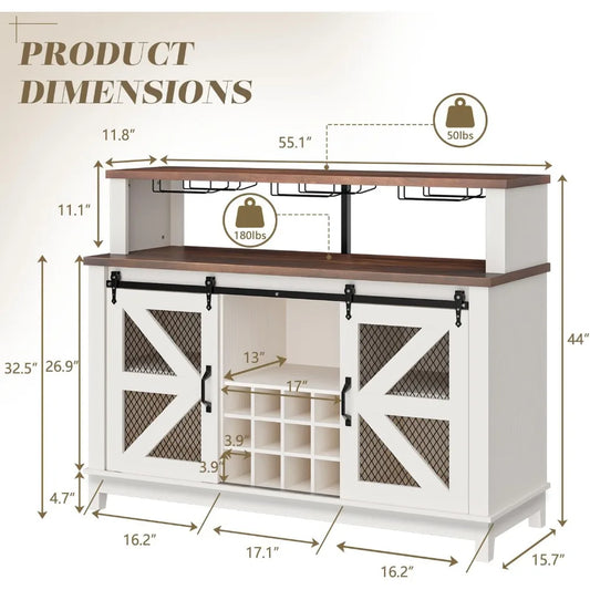 55" Coffee Bar Cabinet with LED Lights, Farmhouse Wine Bar Cabinet for Home with Wine Glass Rack, Kitchen Buffet Cabinet with Sl