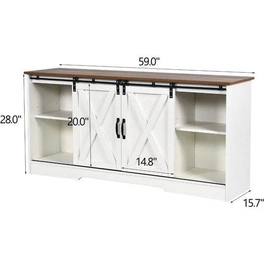 Farmhouse Coffee Bar Cabinet, 59" Buffet Cabinet with Storage & Sliding Barn Doors, Kitchen Storage Cabinet, Coffe