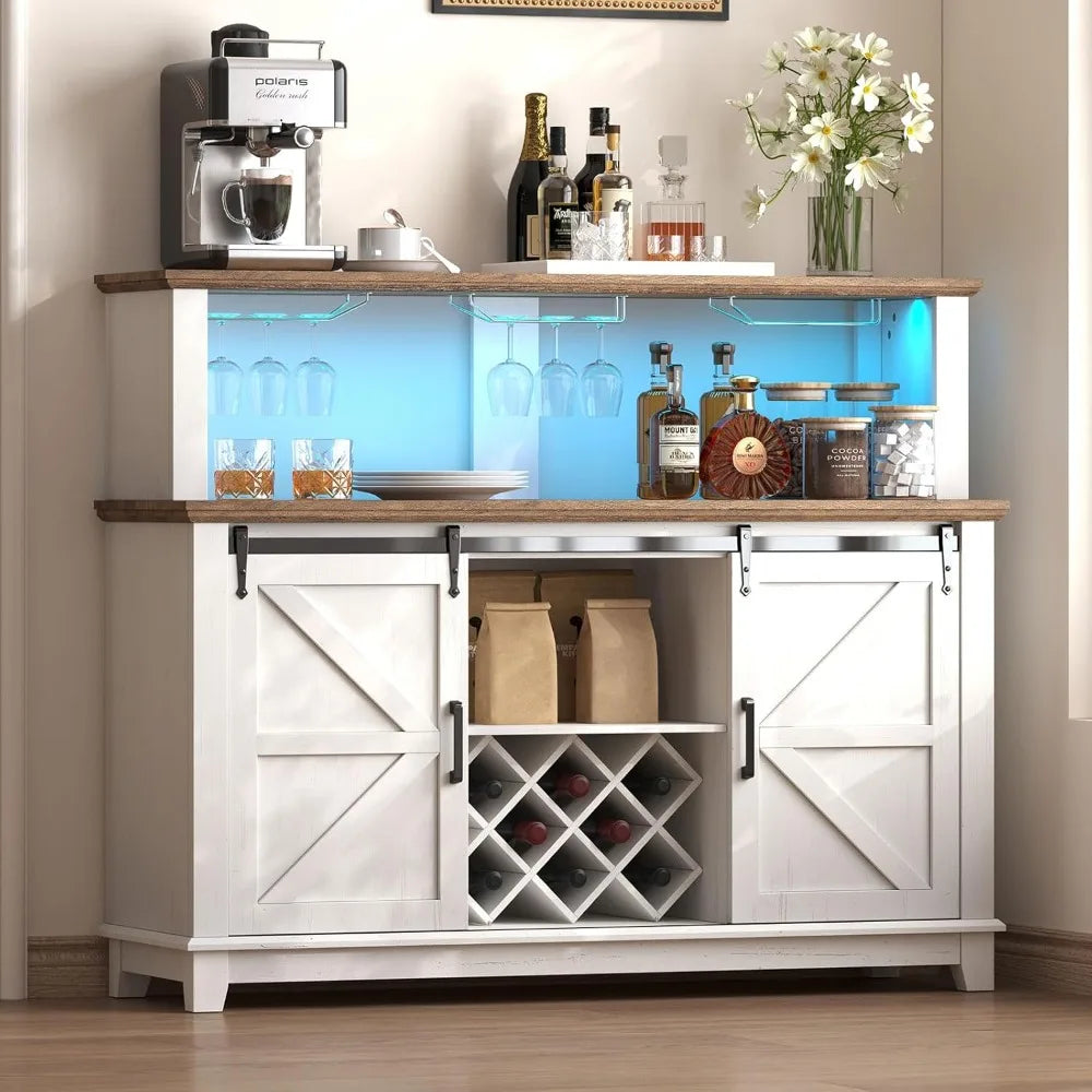 Farmhouse Coffee Bar Cabinet with LED Lights, Buffet Cabinet with Storage & Wine Racks, Home Liquor Cabinet with Adjustable