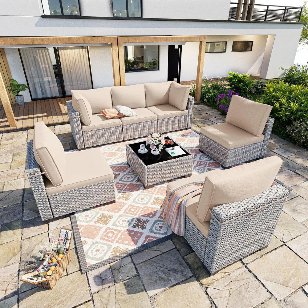 7-Piece Patio Furniture Set, Outdoor Patio Furniture with Thick Cushions, Modular Patio Sofa