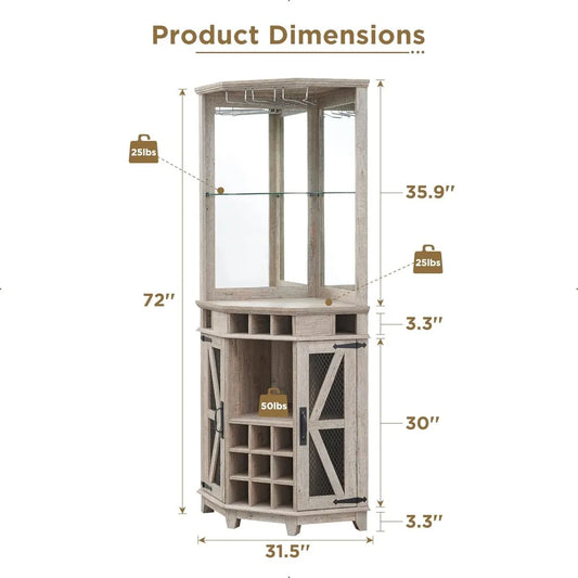 Corner Bar Storage Cabinet, 72" Tall Farmhouse Wine Cabinet w/Barn Door & Adjustable Shelf, Home Bar w/LED Light & Glass Rack f