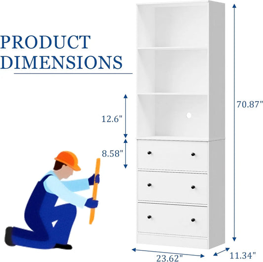 71" Tall Bookshelves Set of 2,White Bookshelf with 3 Drawers and 3-Tier Open Shelves,Home Decor Furniture for Living Room