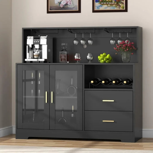Bar Cabinet with LED Lights, Home Coffee Cabinet with Wine and Glass Rack, Kitchen Buffet Cabinet