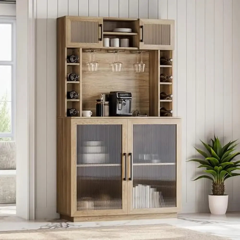 Rustic Kitchen Bar Cabinet Tall Liquor Storage Hutch Buffet Sideboard Wine Organizer 72" Power Outlet Wood Pantry Shelf