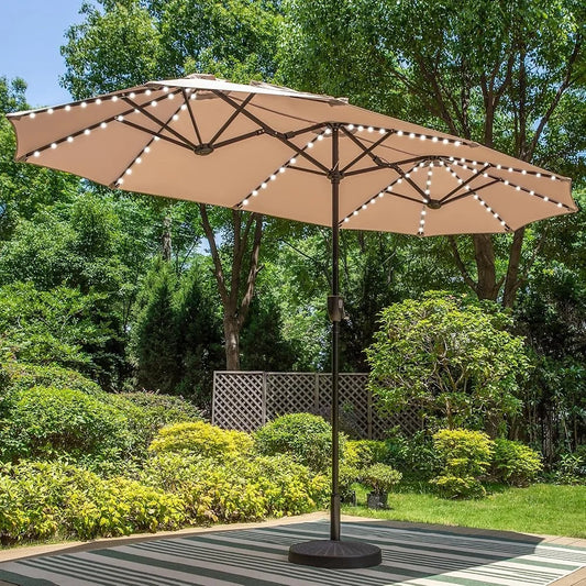 13ft Double-Sided Patio Umbrella with Solar LED Lights Durable Outdoor Market Umbrella UV Resistant Canopy Garden Beach