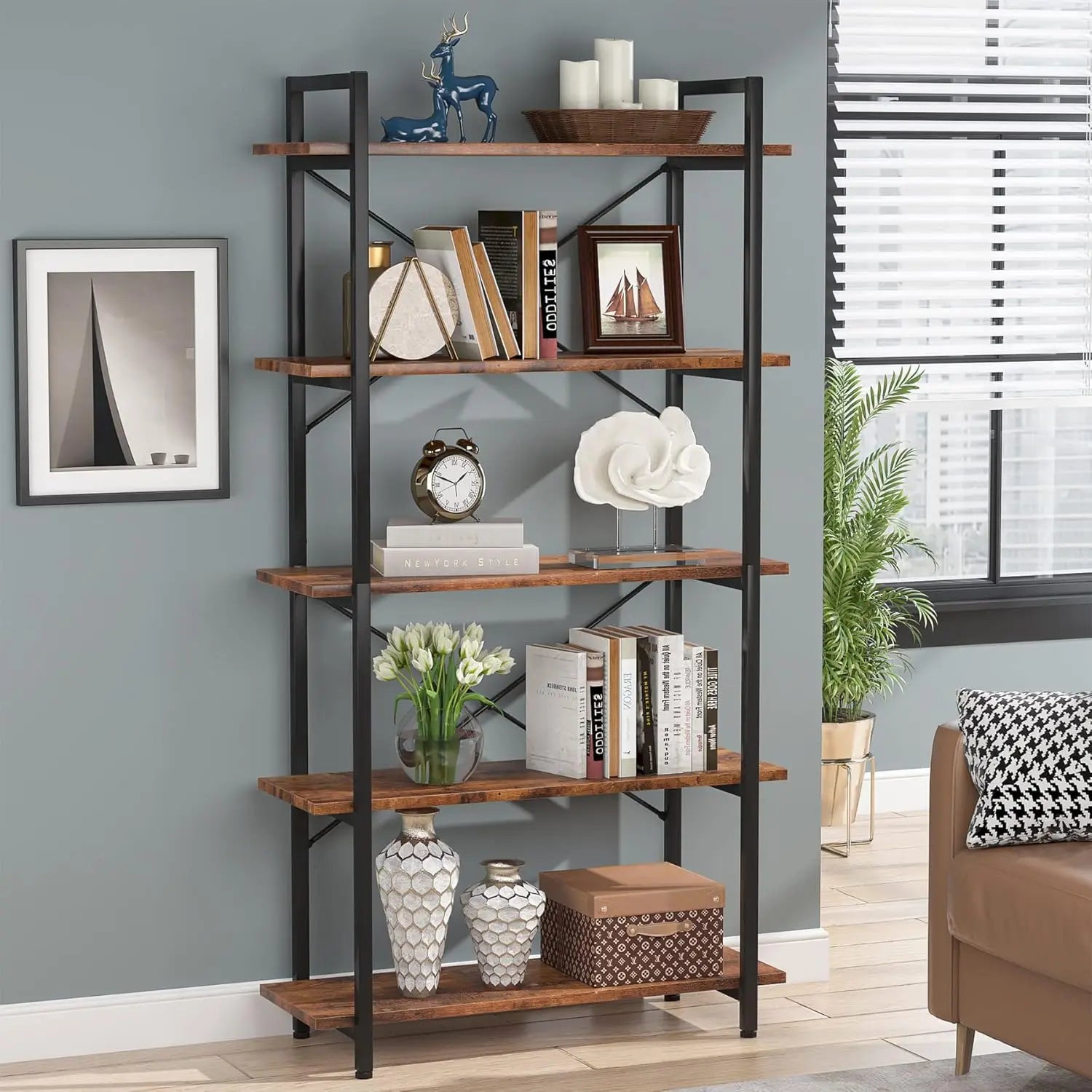 5 Tier Bookshelf, Industrial Etagere Bookcase With Metal Frame, Rustic Tall Book Shelf Unit For Living Room, Study, Home Office