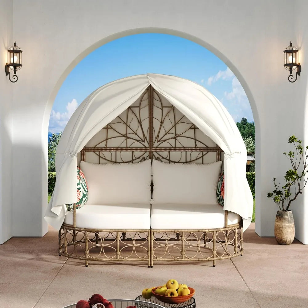 Wicker Patio Daybed with Curtain, Outdoor Sunbed with Colorful Pillows for Patio, Backyard, Poolside, Floral Pattern