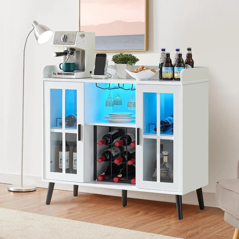 Coffee Bar Cabinet with LED light, Liquor Cabinet with Power Outlet, Wine Cabinets with Glass Holder, Sideboard Buffet Cabinets