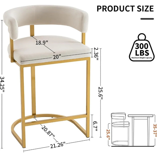 Set of 4 Beige Modern Velvet Bar Stools with Barrel Backrest, Upholstered Seat, and Gold Metal Footrest, Bar Stools