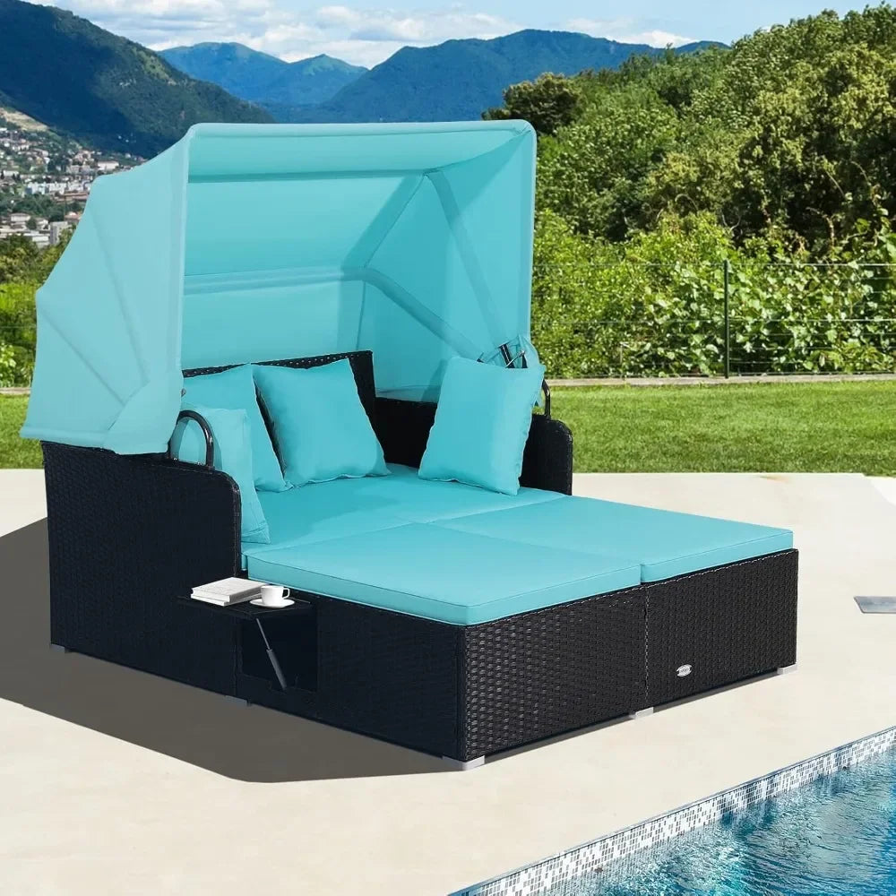 Patio Rattan Daybed with Retractable Canopy, Patiojoy Wicker Sun Lounger with 2 Foldable Side Panels, Thick Seat & Back Cushions