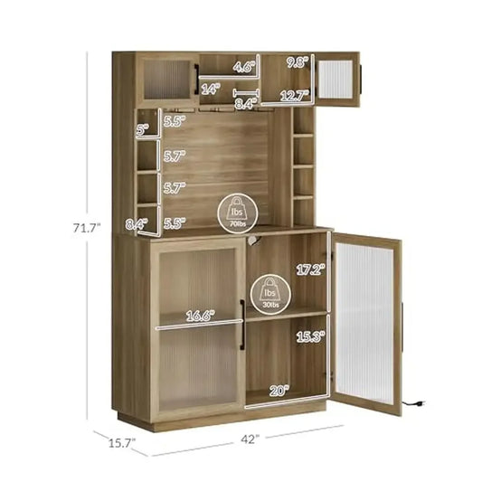 Rustic Kitchen Bar Cabinet Tall Liquor Storage Hutch Buffet Sideboard Wine Organizer 72" Power Outlet Wood Pantry Shelf