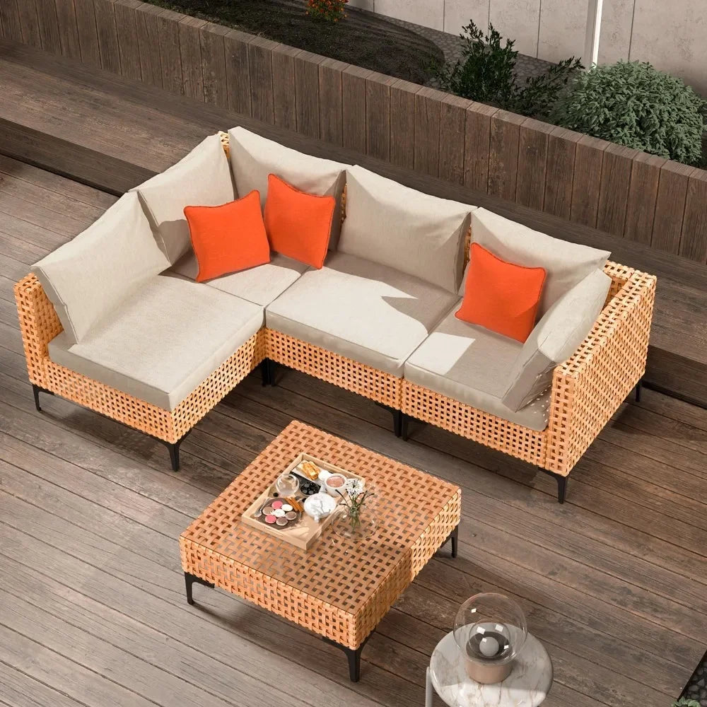 5 Piece Outdoor Patio Furniture Set Modular Outdoor Furniture Set Wicker Outdoor Sectional Sofa with Cushions and Table Patio