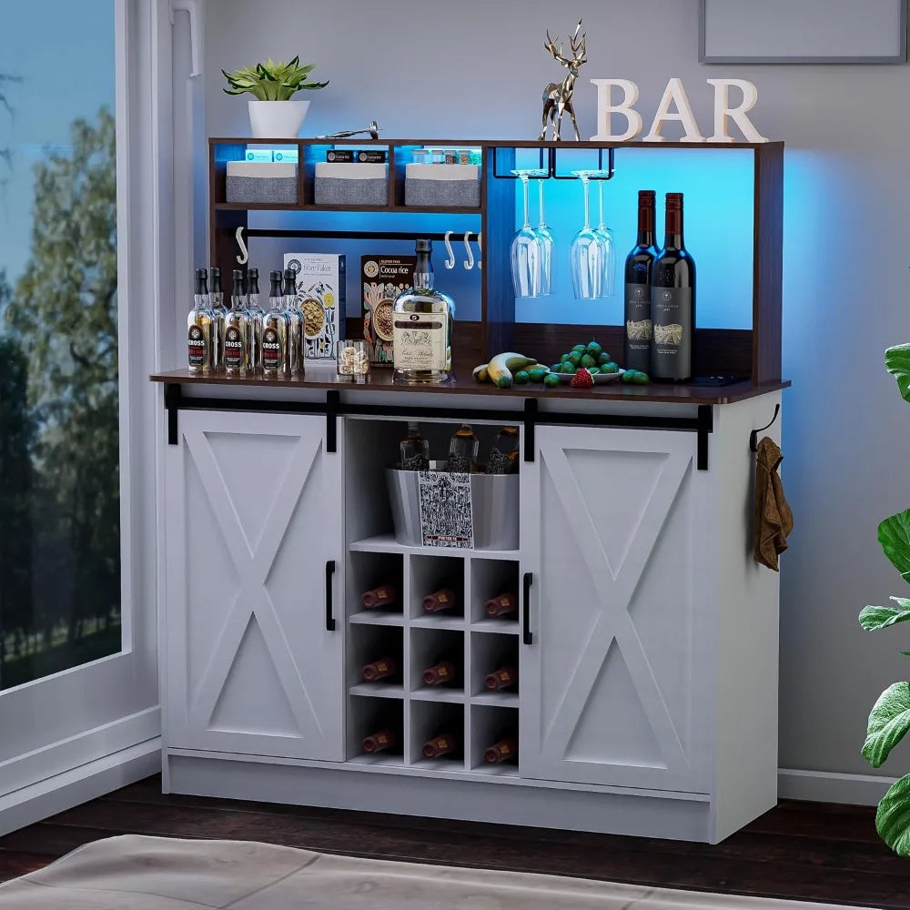 Coffee Bar Cabinet with Adjustable 20-Color LED Lights and 6.5FT Outlet, Kitchen Buffet Storage Cabinet, 47'' Sideboard Buffet
