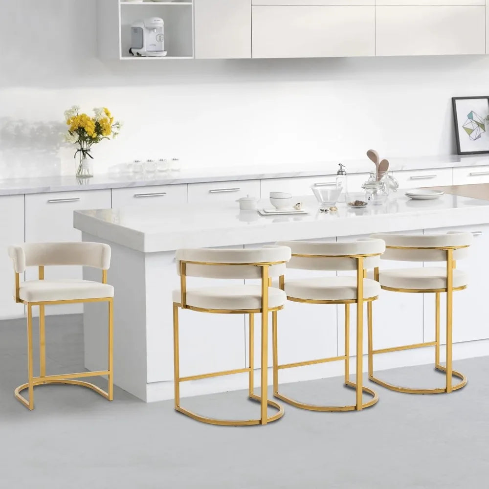 Set of 4 Beige Modern Velvet Bar Stools with Barrel Backrest, Upholstered Seat, and Gold Metal Footrest, Bar Stools