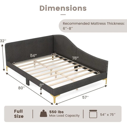 Upholstered Daybed, Rivet-Tufted Platform Bed with Headboard, Metal Legs & Wood Slats, L-Shaped Corner Sofa Bed for Living Room