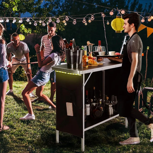 Portable Bar Table with Multi-Color LED Lights, Pop Up Folding Mobile Bar Bartender Table Podium Table for Events