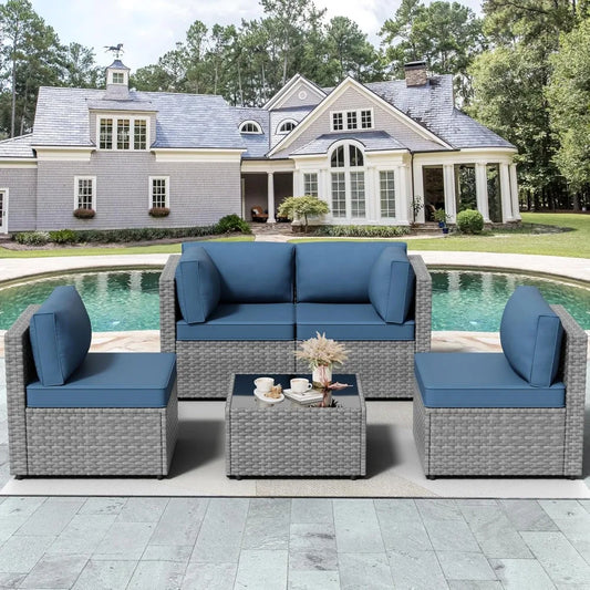5 Pieces Patio Furniture Sets, Wicker Outdoor Sectional Furniture with Glass Table and Cushions, Rattan Patio Conversation Sets