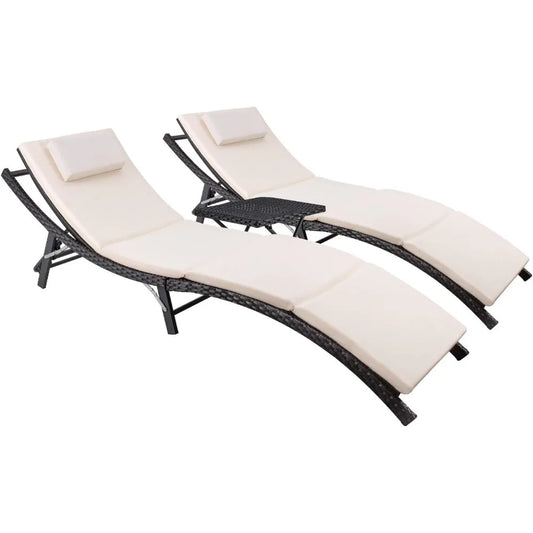 Patio Chaise Lounge Sets Outdoor Rattan Adjustable Back Cushioned Patio Folding Chaise Lounge with Folding Table