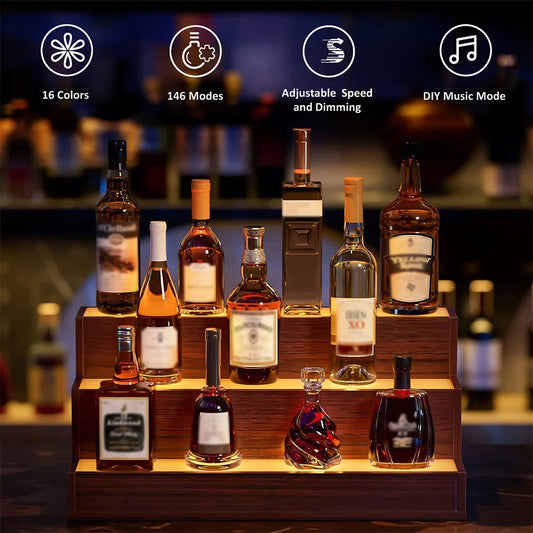 LED Lighted Liquor Shelves Wooden Bottle Display Shelf with App Remote Control For Home Bar Pub Restaurants Party Supplies