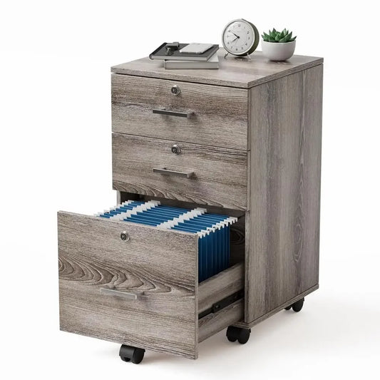 Office Mobile File Cabinet 3-Drawer Lockable Rolling Storage Cabinet Letter-Sized Folders with Handles & Wheels Gray Oak