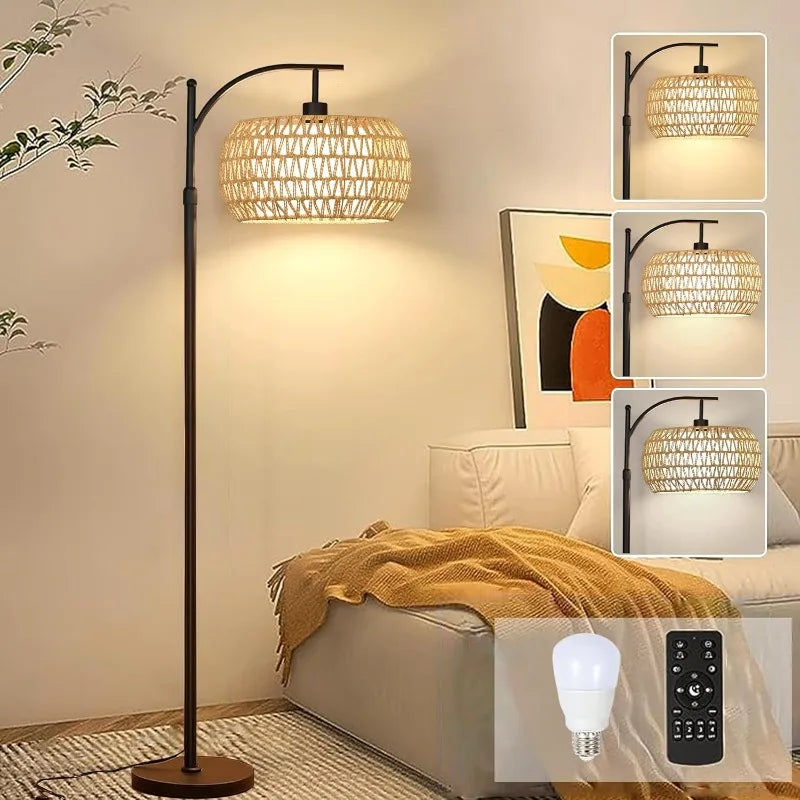 Arc Floor Lamp for Living Room Rattan Boho Floor Lamp with Remote Control,Dimmable LED Floor Lamp Wicker Shades