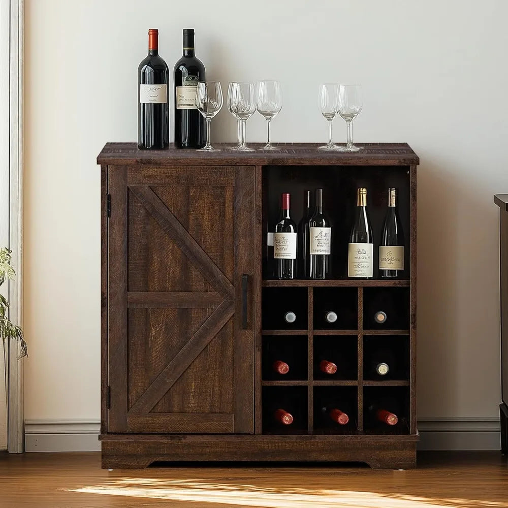 Farmhouse Coffee Bar Cabinet with Storage, 32 inch Table with Barn Door and 9 Wine Racks, Adjustable Shelf, Dining