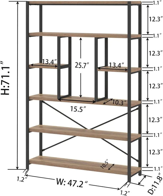 Lvb Tall Industrial Etagere Bookcase, Modern Wood Large Open 6 Tier Bookshelf, Vintage Wide Metal Book Shelf Organizer,