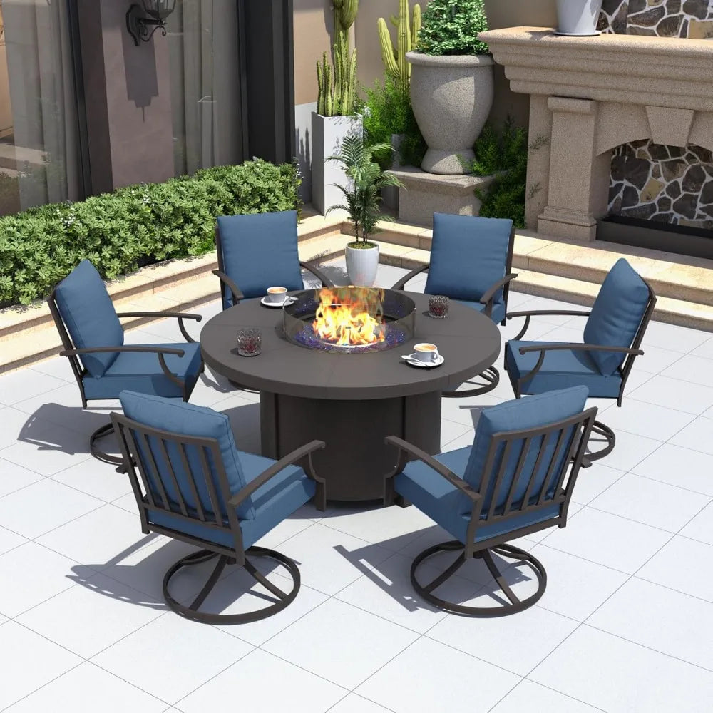 7 Piece Metal Outdoor Patio Furniture Set with Round Fire Pit Table, Patio Conversation Sets, Garden Furniture Sets