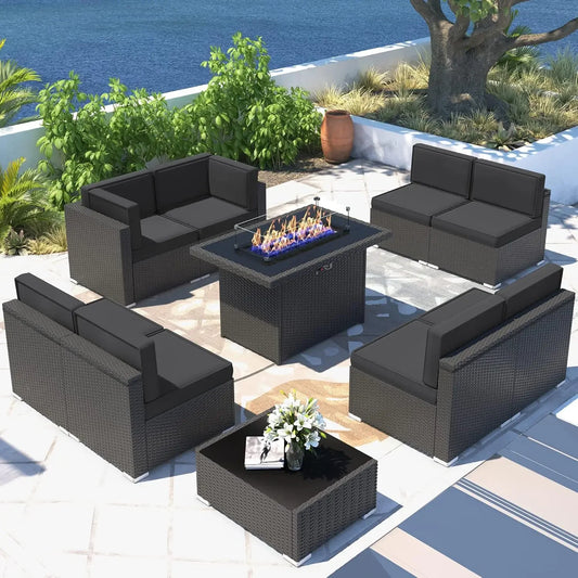 Outdoor Sectional Wicker Conversation Sofa Sets with Coffee Table