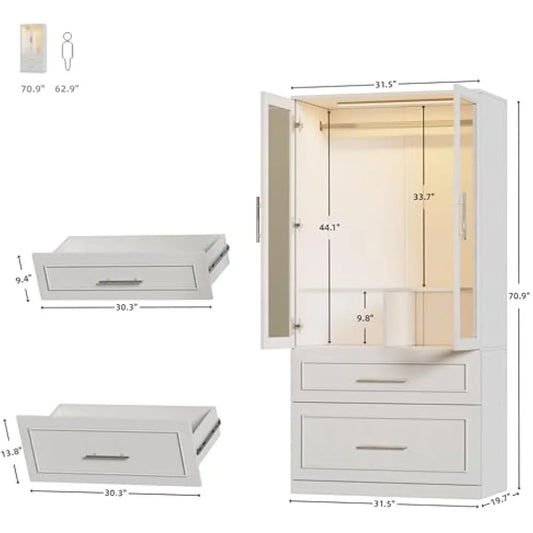 Wardrobe, 71" Tall Farmhouse 2 Doors Armoire Wardrobe Closet with 2 Drawers and LED, Wooden Armoire Storage Cabinet