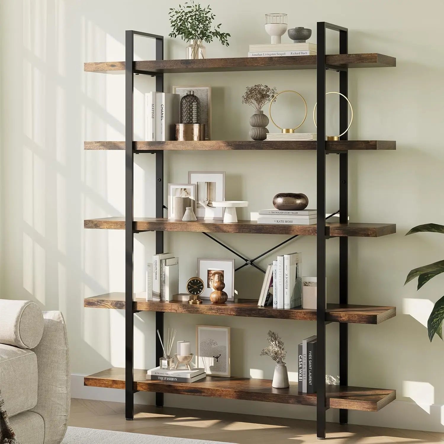 Bookshelf, 5 Tier Book Shelf, Industrial Bookcase For Home And Office, 47"" Length Wide Wood Standing Bookshelf Display Open