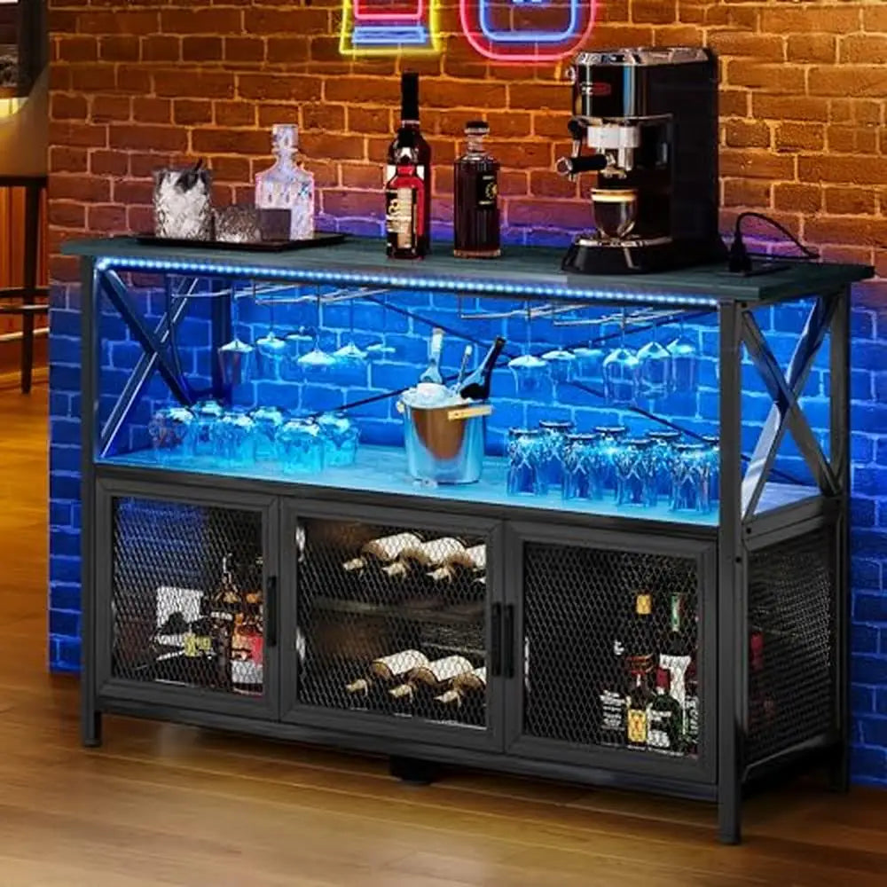 Modern LED Bar Cabinet with Storage Rack and Adjustable Height Metal Stand Wine Holder Liquor Display Shelf Home Office TV Stand