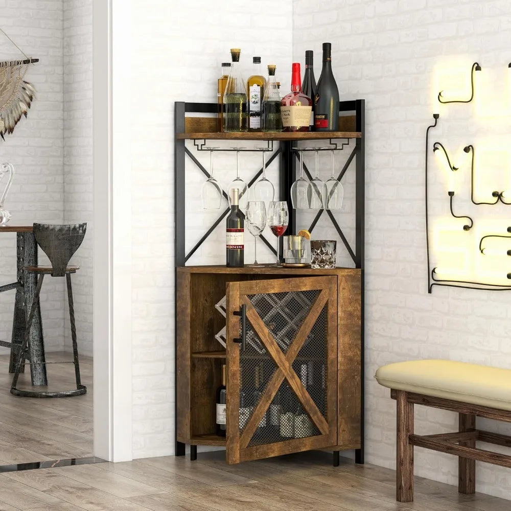 Farmhouse Corner Wine Cabinet with Storage, Wine Bar Cabinet with Glass Holder, Liquor Cabinet with Metal Mesh Doors & Adjustable Shelf