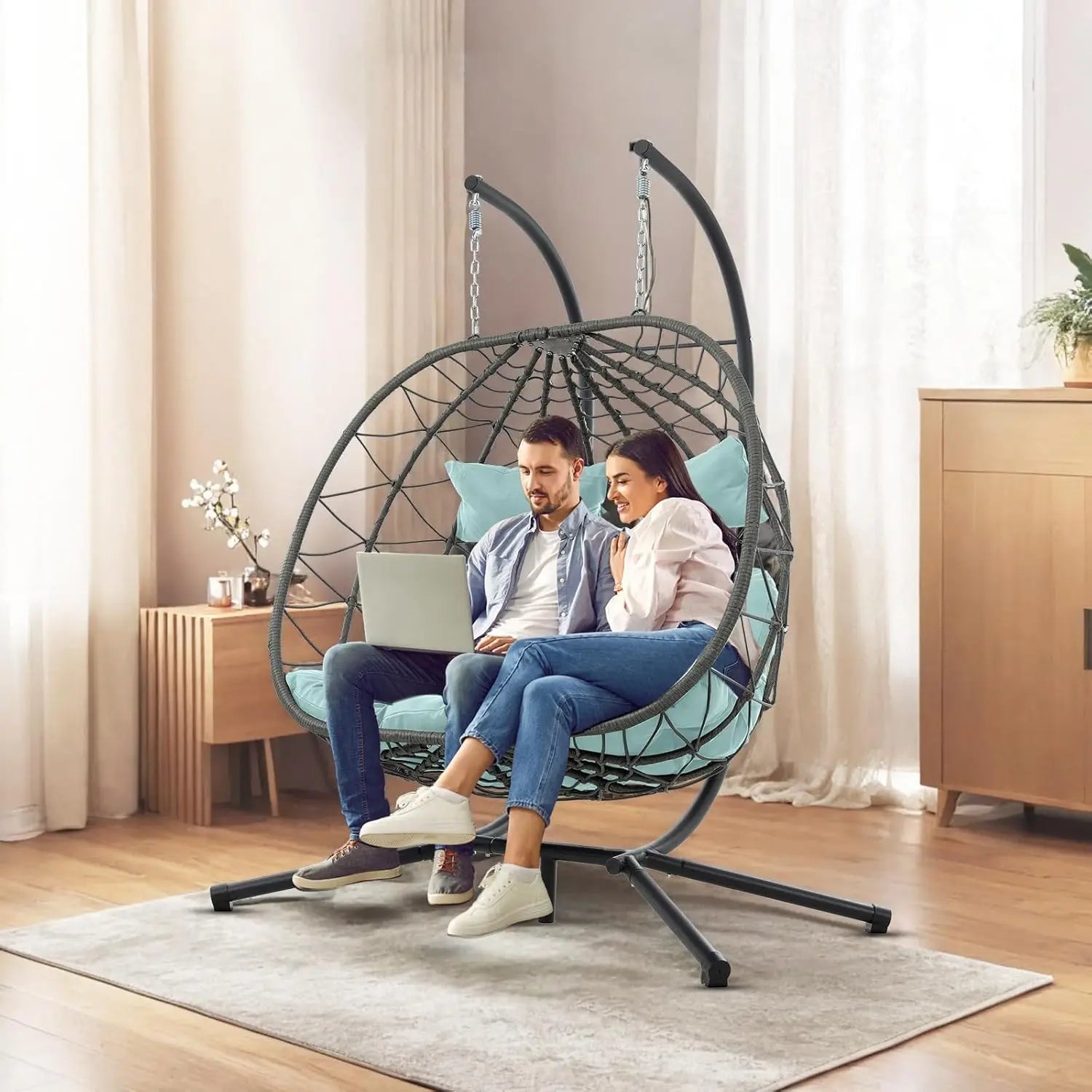 2 Person Double Egg Swing Chair with Stand Indoor Outdoor, Hammock Swing Chair Foldable Hanging Chair, Patio Wicker