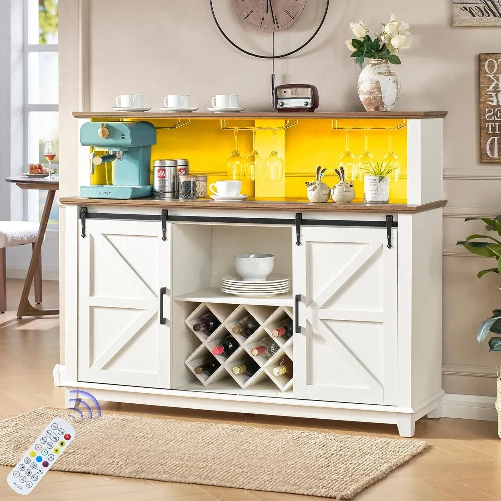 Sideboard Buffet Cabinet with Storage, 55" Farmhouse Coffee Wine Bar Cabinet with LED Light, Barn Doors Storage Cabinet for Home