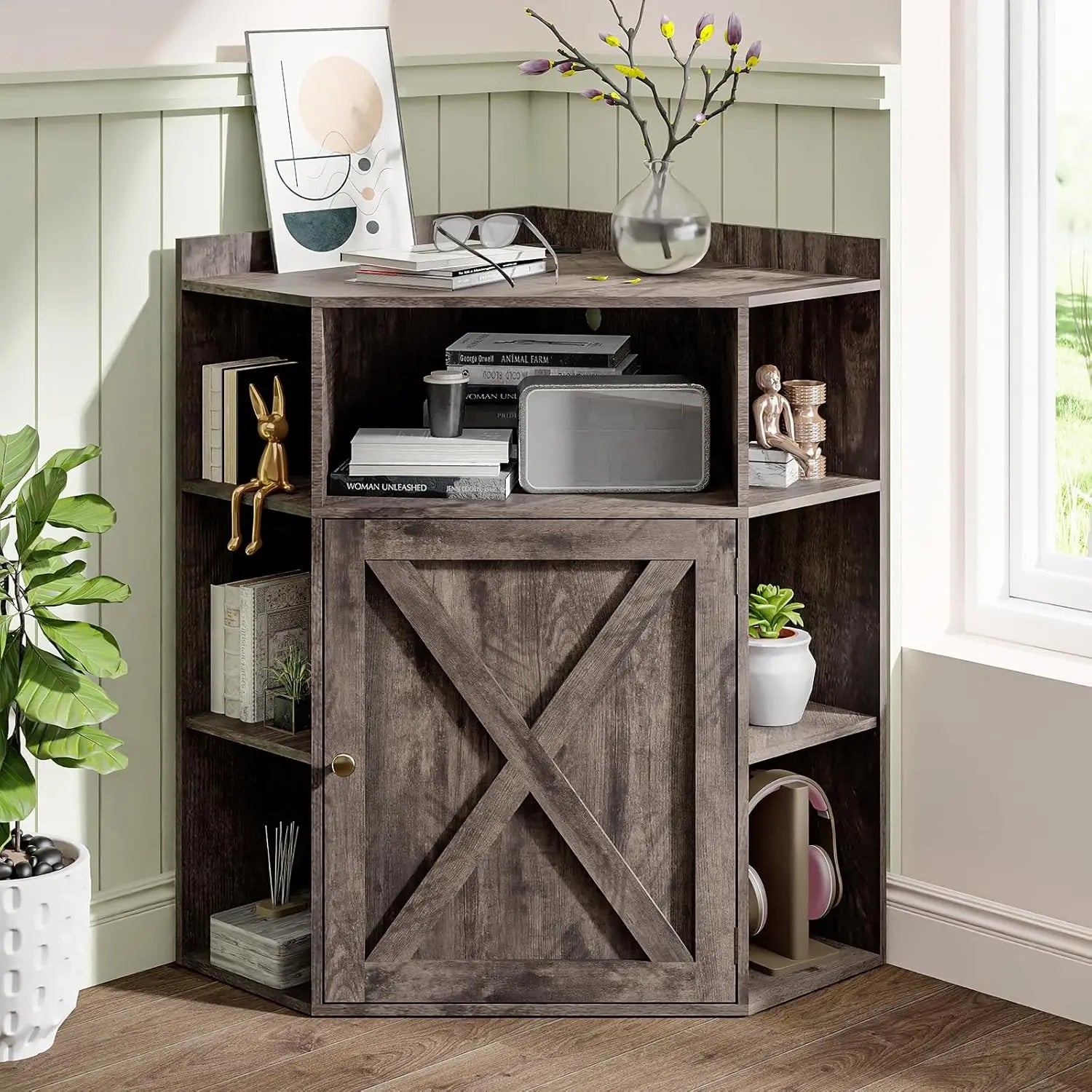 Corner Storage Shelf with USB Ports and Outlets Industrial Organizer for Small Space Wooden 6-Cubby Bookshelf for Study Playroom