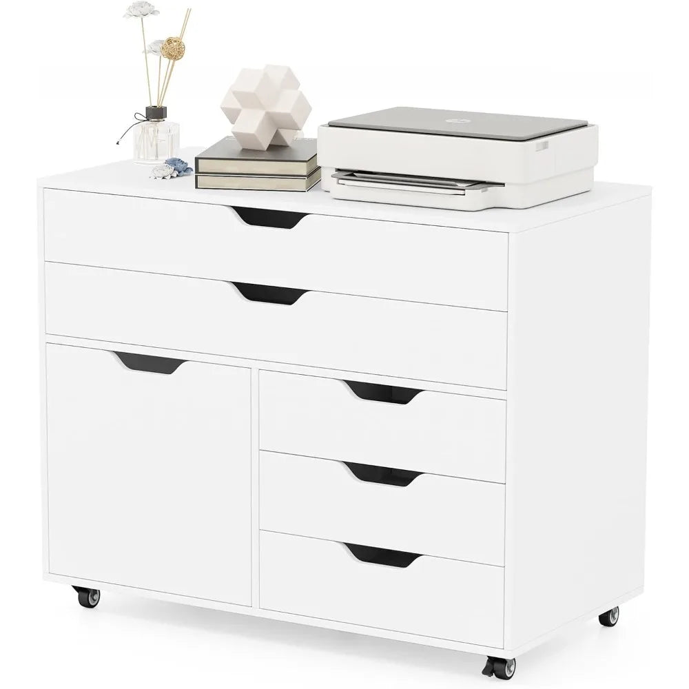 File Cabinet, Rolling Lateral Filing Cabinet with 2 Large Drawers, 3 Small Drawers, Side Cabinet, Wheels, Load 220 Lbs, Office