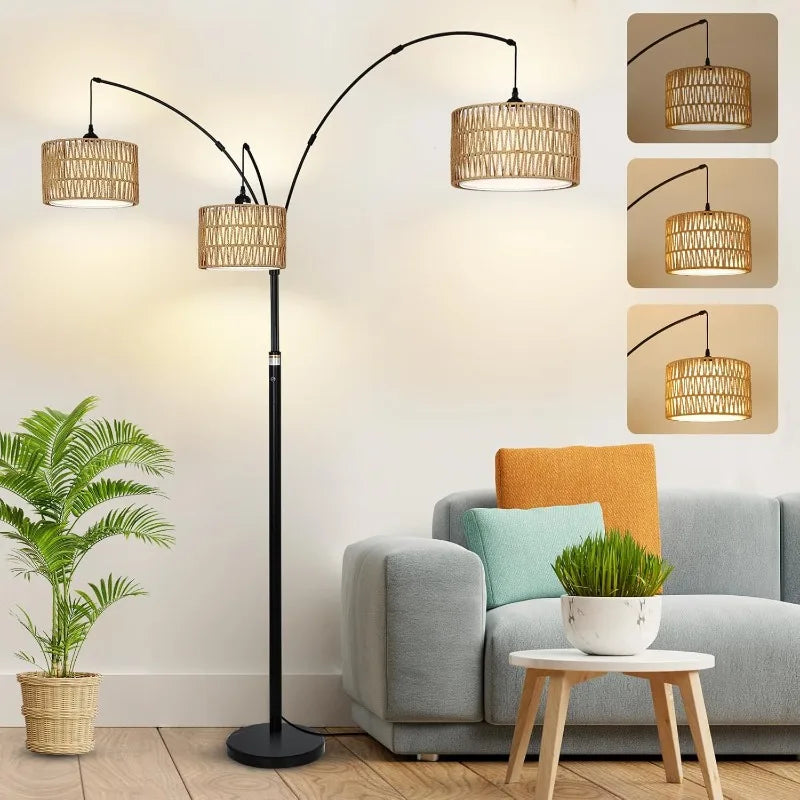 Black Arc Floor Lamps - Dimmable Tall Lamp with Rattan Shades, Suitable for Living Room, Bedroom, Office