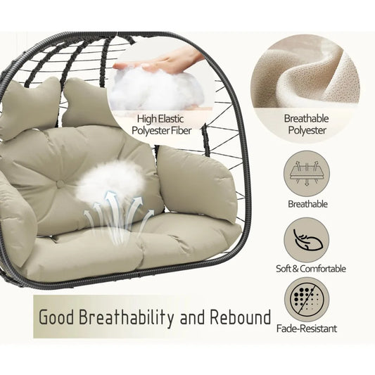 Double Wicker Swing Egg Chair Hammock Foldable Hanging Loveseat with Stand, UV Resistant Removable Cushions, 700LBS Capacity