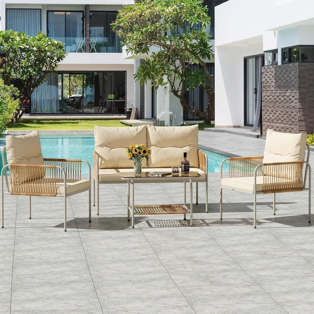 Patio Furniture Set, 4 Pieces Wicker Outdoor Conversation Set, All-Weather PE Rattan Bistro Set with Glass Side Table and Cushi