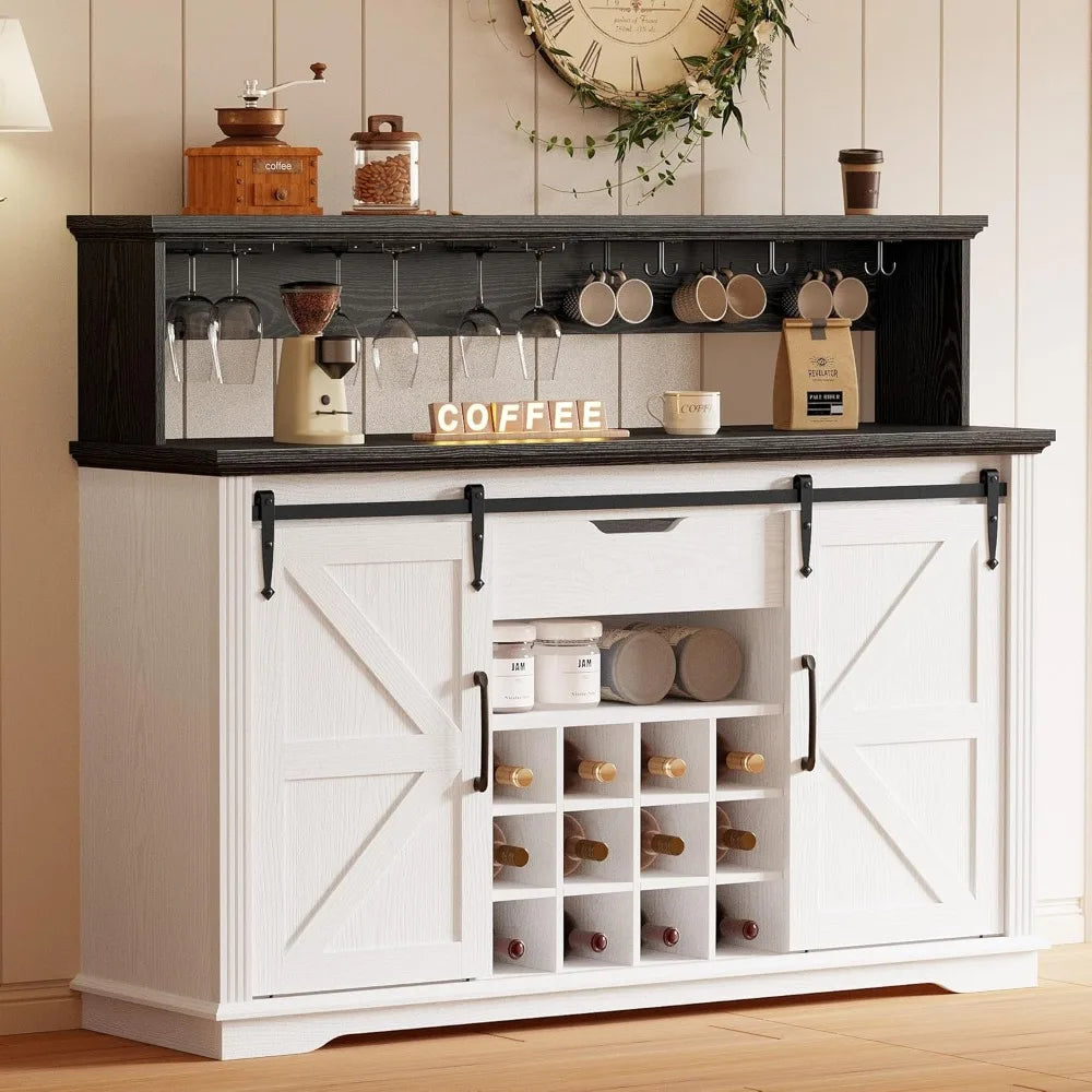 Farmhouse Coffee Bar Cabinet with Sliding Barn Doors and LED Lights, Wine Bar Cabinet with Wine and Glass Rack, Buffet Cabinet